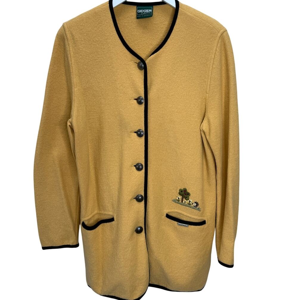 Geiger Boiled Wool Jacket Cardigan Size 40 L Mustard Yellow Farm Embroidered